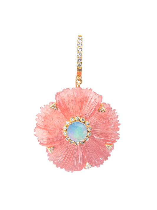 Moonbloom - Rhodocrosite, Opal and Diamond Pendant in 18K Yellow Gold