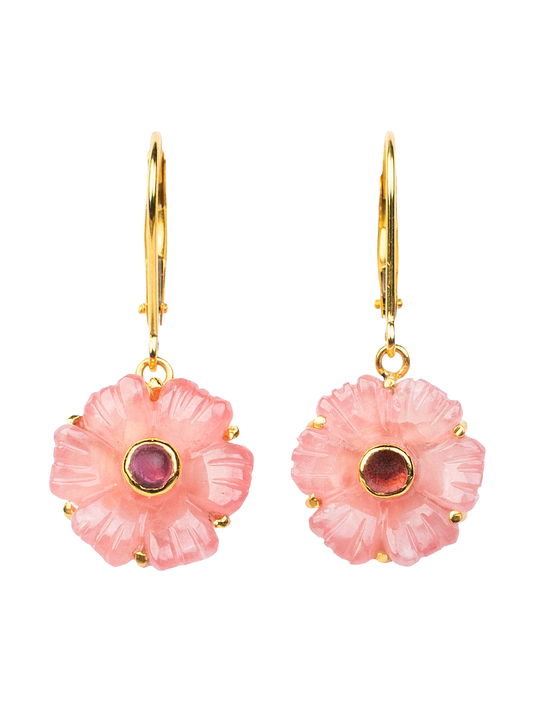 Amora - Rhodochrosite and Tourmaline Drop Earrings in 18K Yellow Gold