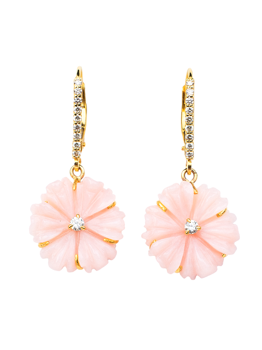Blossom - Pink Opal and Diamond Drop Earrings in 18K Yellow Gold
