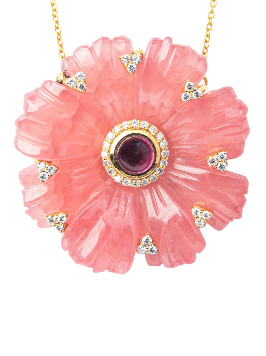 Amora -  Rhodocrosite, Pink Tourmaline and Diamond Pendant Necklace in 18K Yellow